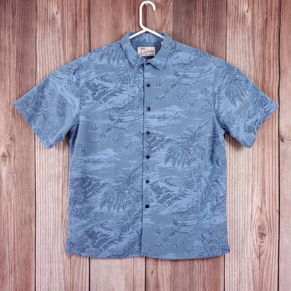 Kahala Mens Large Blue Aloha Hawaiian Palm Tree Island Scenic SS Camp Shirt - Picture 1 of 13